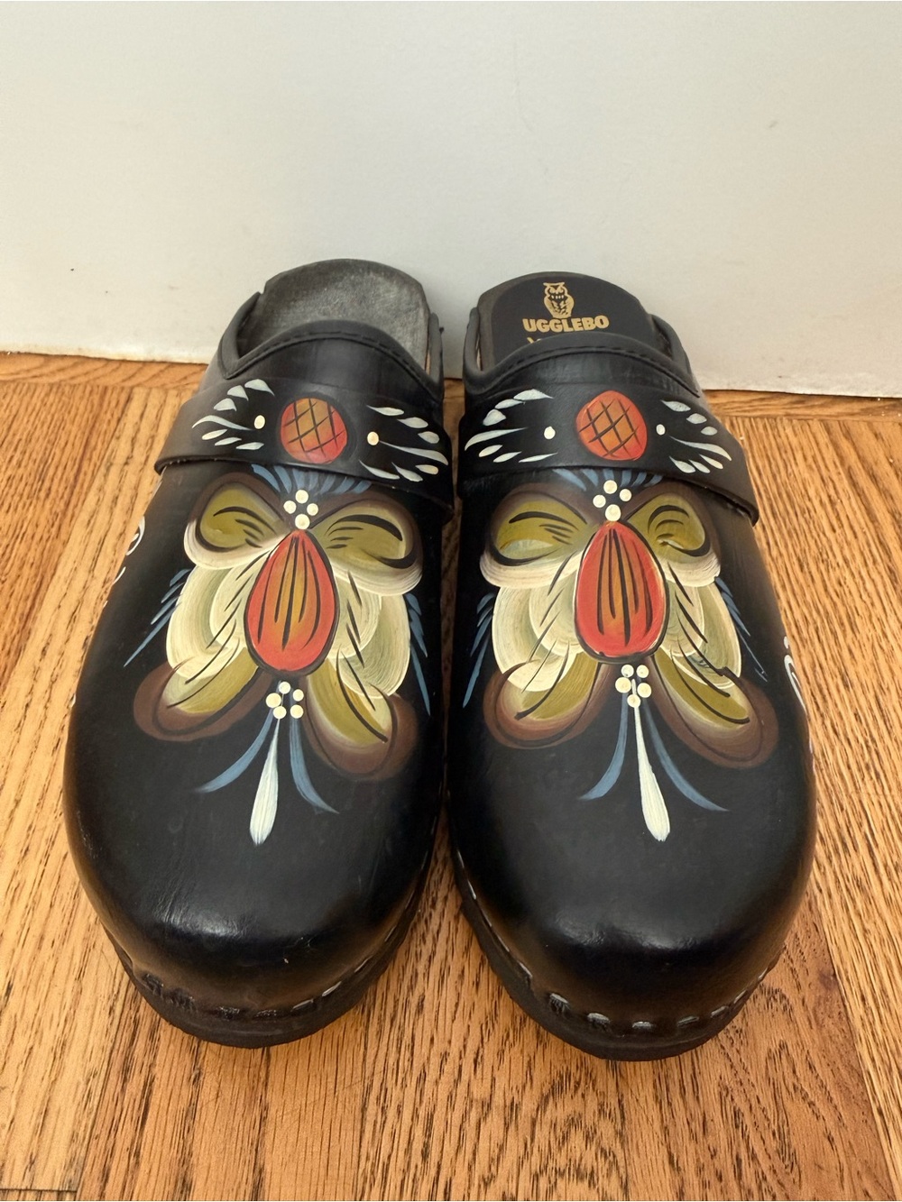 NEW Ugglebo Painted Black Wooden Leather Clogs Handmade Sz 7.5